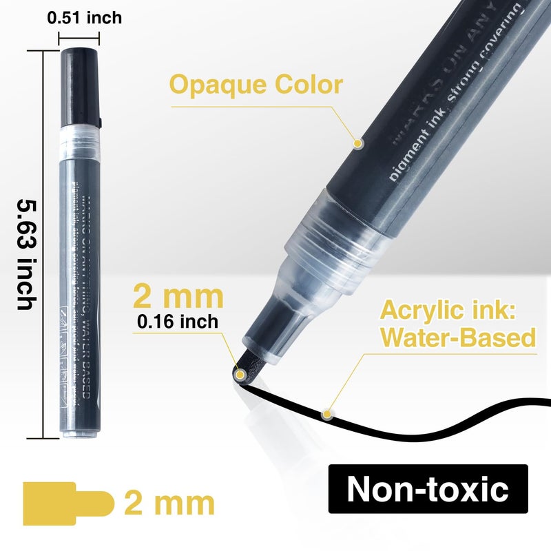 AKARUED Black Acrylic Paint Markers, 8 Pack Acrylic Black Paint Pen Sets for Rock Painting, Wood, Stone, Glass, Ceramic, Paper, Drawing, Art Projects, DIY Crafts, Water-Based ink, 2-3mm Medium Tip - Image 2